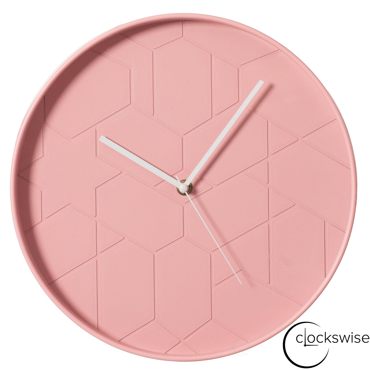 Clockswise 12" Rose Pink Hex Embossed Wall Clock Modern Decorative Round Hanging Design with Geometric Pattern Perfect for Bedroom Living Room Kitchen Office Nursery and Contemporary Home Décor